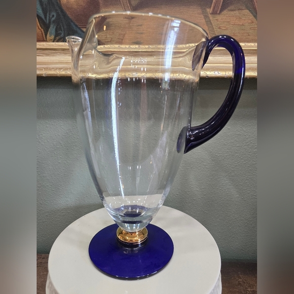 Romanian Glass Elegant Glass Pitcher with Blue Handle, Vintage - Picture 1 of 7